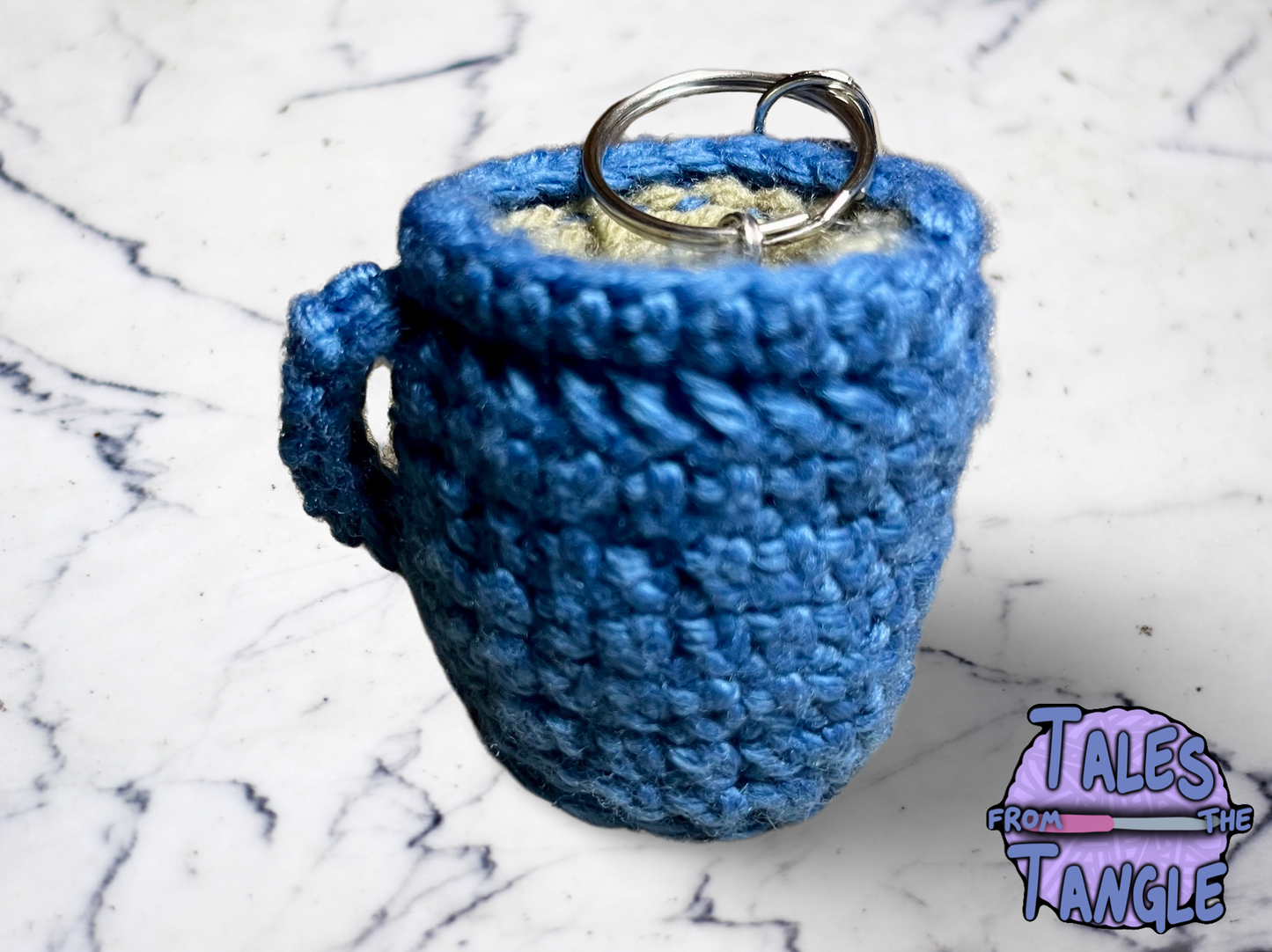 Blue Coffee Cup Crochet Keychain - Tales from the Tangle