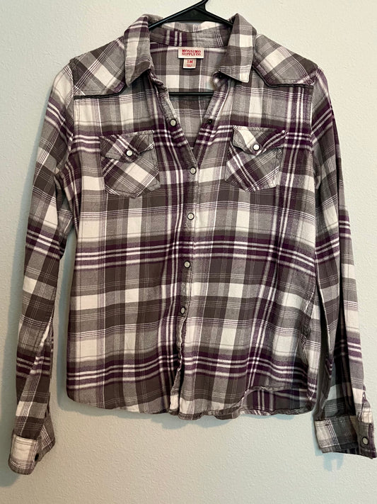 Mossimo Grey Purple Plaid Button Down Shirt- Size Medium