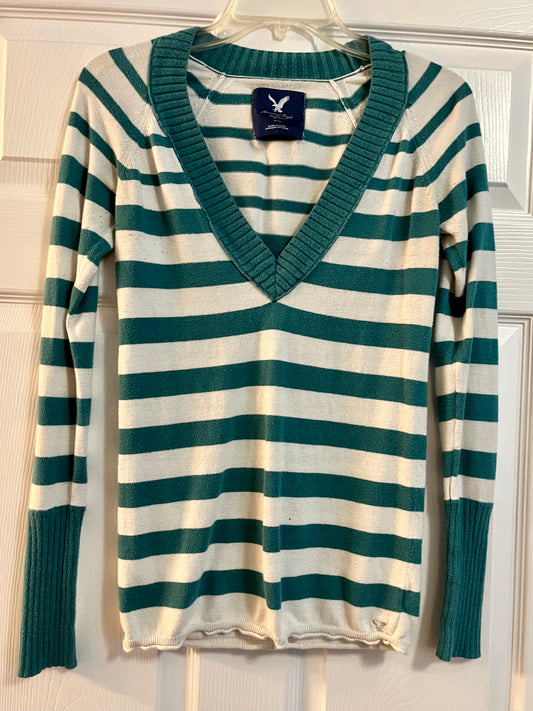 American Eagle White and Green Striped Sweater- Size Medium