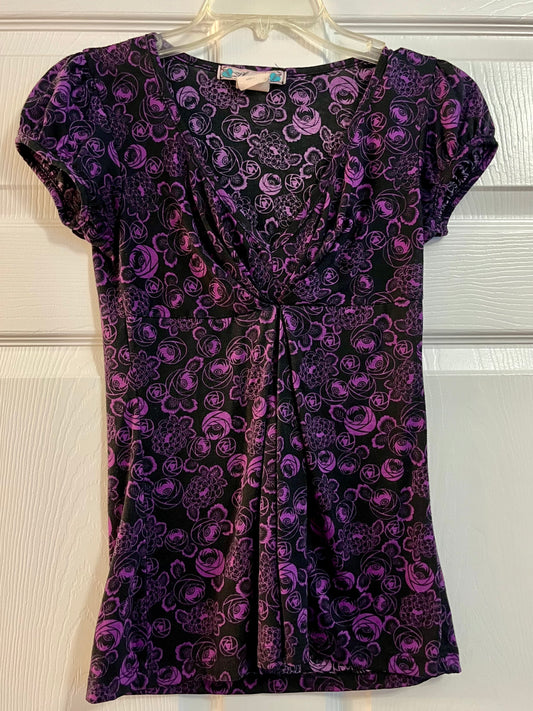 Thread Black Top with Purple Roses- Size Small