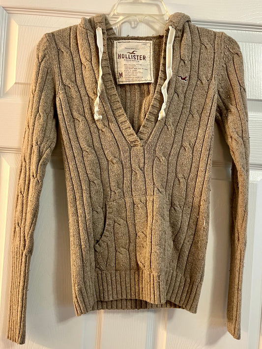 Hollister Tan Cable Knit Sweater with Hood- Size Medium